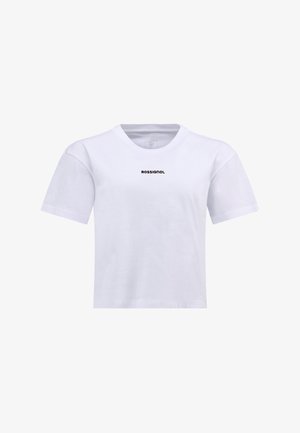 Camiseta de algodón blanca con mangas cortas, escote redondeado y logo de texto en negro "ROSSIGNOL" impreso en el centro del frente.