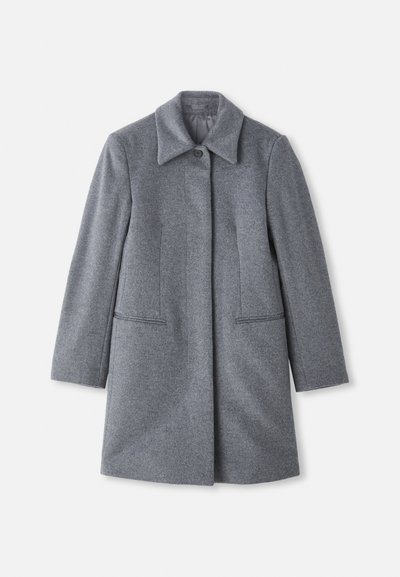 Gray wool mid-length coat with a wide collar, single visible button, and two horizontal front pockets, displayed on a white background.