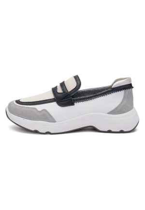 Slip-on sneaker with white leather, gray suede accents, black trim, and a chunky white sole, shown in side profile.