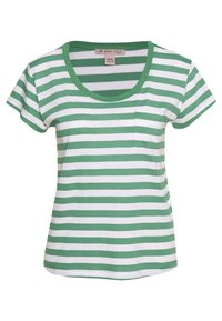 Grön och vit randig t-shirt med rundad halsringning, korta ärmar och en liten bröstficka på vänster sida. Tillverkad av mjukt tyg för komfort.