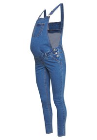 Mammas denim overaller med justerbara axelband, blå färg, figursydd design, framficka och sidoknappar. Stretchtyg för komfort.