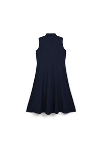 Marineblaues ärmelloses Kleid mit einem strukturierten Kragen, tailliertem Oberteil und ausgestelltem Rock. Hergestellt aus einem weichen Stoff mit glatter Textur.