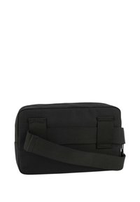 Schwarze rechteckige Tasche aus strapazierfähigem Stoff, mit verstellbarem Tragegurt und zwei seitlichen Schlaufen. Glatte Oberfläche ohne sichtbare Muster.
