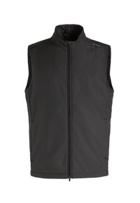 Gilet sans manches noir en tissu léger, avec un col montant, fermeture éclair à l'avant et poches latérales. Texture lisse.