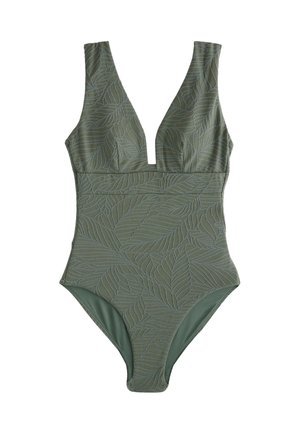 Zöld egyrészes fürdőruha mély V-nyakkivágással és az egész anyagot borító dombornyomott levélmintával.