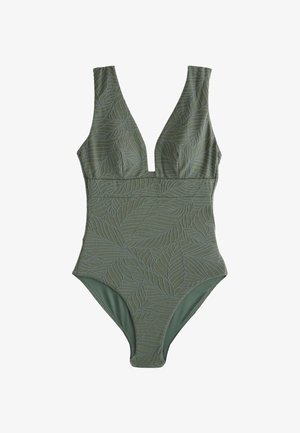 Costum de baie întreg verde cu decolteu adânc în V și imprimeu embosat cu frunze care acoperă întreaga țesătură.
