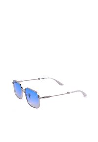 Lunettes de soleil à monture métallique argentée avec des verres carrés à dégradé bleu et des branches fines texturées, présentées sur fond blanc.