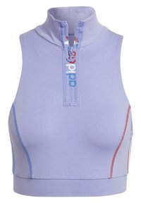 Ljuslila ärmlös croptopp med hög krage, halvdragkedja framtill och kontrasterande blå och röda sömmar. Har en liten logotypdetalj.