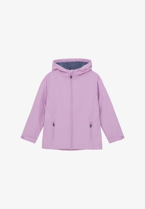 Pink softshell jacket with a hood featuring a front zipper, two side pockets, and a light inner lining. Smooth texture and casual design.