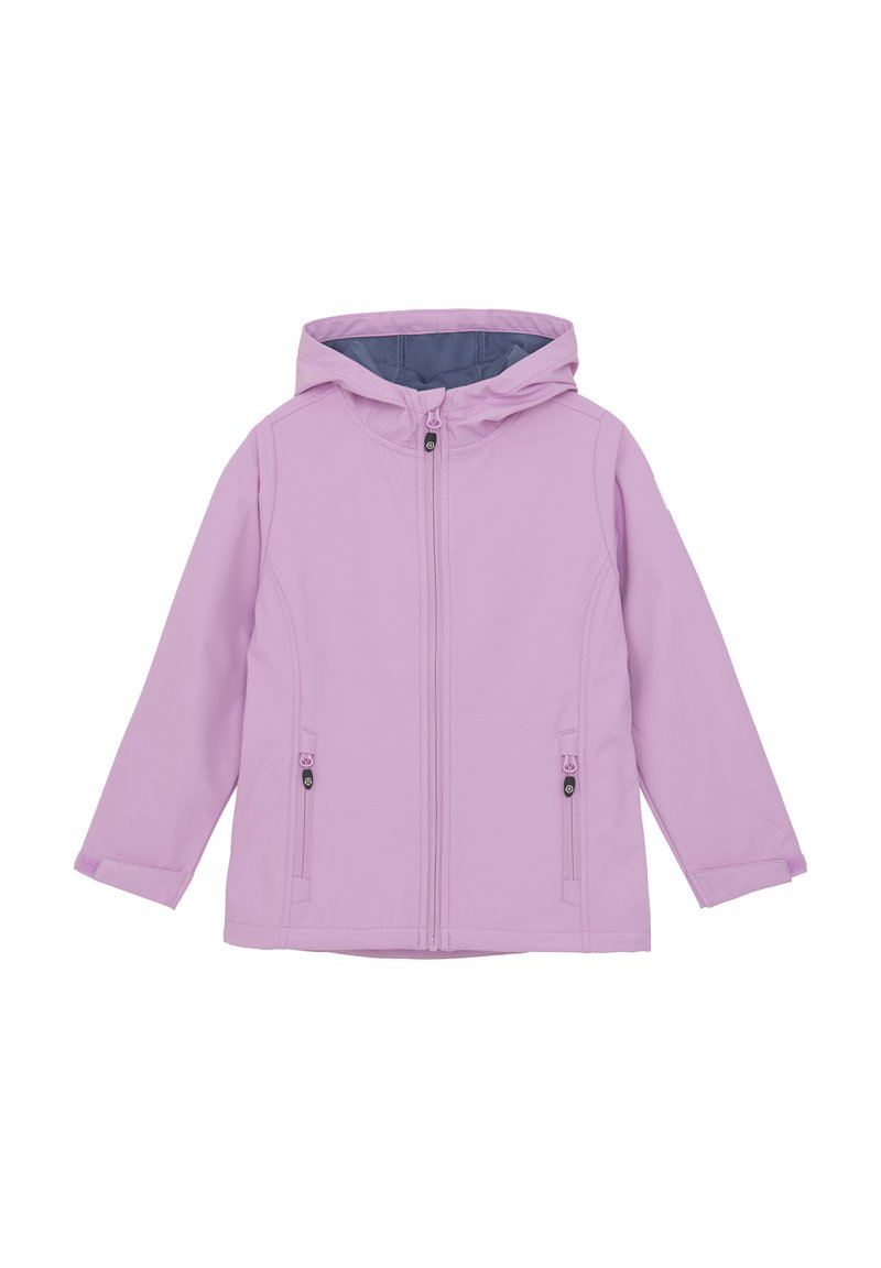 Różowa kurtka typu softshell z kapturem, z zamkiem błyskawicznym z przodu, dwoma bocznymi kieszeniami i lekką podszewką. Gładka tekstura i swobodny styl.