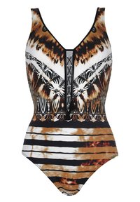 Maillot de bain une pièce avec un motif mixte de rayures brunes, noires et blanches, doté d'un décolleté en V plongeant et de pompons décoratifs à l'avant.