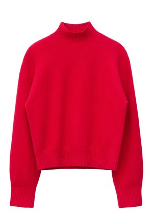 Roter Pullover mit hohem Stehkragen, langen Ärmeln sowie gerippten Bündchen und Saum. Verfügt über eine weiche Textur und eine übergroße, entspannte Passform.