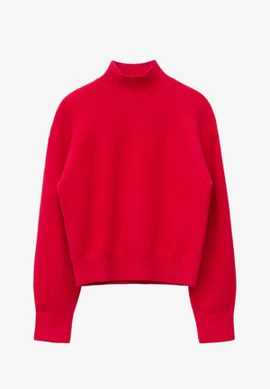Red sweater with a high mock neck, long sleeves, and ribbed cuffs and hem. Features a soft texture and an oversized, relaxed fit.