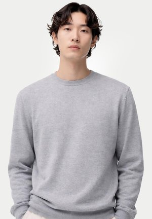 Jeune personne aux cheveux noirs ondulés portant un pull gris clair uni, debout devant un fond blanc, faisant face à l'avant.