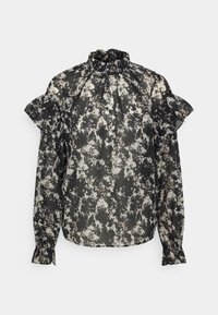 Blusa floreale nera e crema con maniche a volants, colletto alto e tessuto leggero. Presenta una vestibilità ampia e dettagli arricciati.