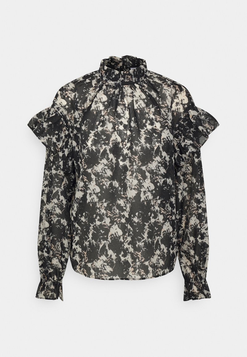 Schwarz-weiße Bluse mit floralen Motiven, Rüschensleeves, hohem Kragen und leichtem Stoff. Sie hat einen lockeren Schnitt und geraffte Details.