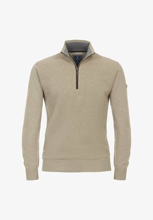 Beżowy sweter dzianinowy z zamkiem błyskawicznym w stójce, z teksturowanym wzorem oraz ściągaczami przy mankietach i dolnej krawędzi. Szczegół z brązowym zamkiem.