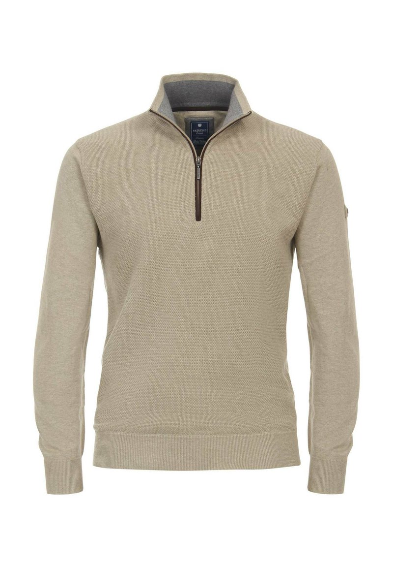 Beige Strickpullover mit einem Reißverschluss-Kragen und einem strukturierten Muster sowie gerippten Bündchen und Saum. Braune Reißverschluss-Details.