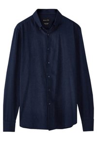 Donkerblauwe lange mouwen heren overhemd met een button-down kraag, frontaal gepresenteerd en volledig dichtgeknoopt.