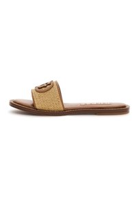Tan slide sandal with a woven fabric upper and a smooth leather insole. Features a round logo accent on the strap. Flat sole.