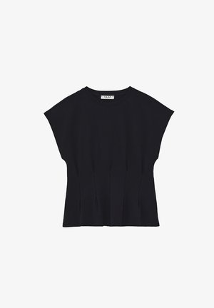 Schwarzes ärmelloses Top mit breiten Schultern, rundem Ausschnitt und dezenten vertikalen Falten entlang der Taille, dargestellt auf weißem Hintergrund.