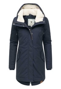 Navy parka with a soft, fur-lined hood and interior. Features a full zipper, two front pockets, adjustable drawstrings, and leather accents.