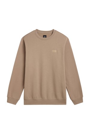 Sweat beige à manches longues avec col rond, petit logo Vans embossé sur la poitrine, poignets et ourlet côtelés.