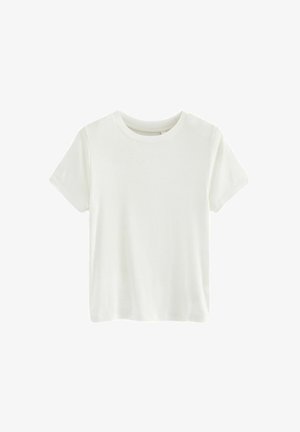 Valge puuvillane t-särk lühikeste varrukatega, ümar kaelus ja sile, ribaline tekstuur. Lihtne disain, ilma mustrite või aktsentideta.