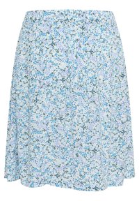 Blumiger Rock mit einem hellblauen Hintergrund, der verstreute kleine blaue und grüne Blumen zeigt, elastischer Bund und fließende A-Linie.