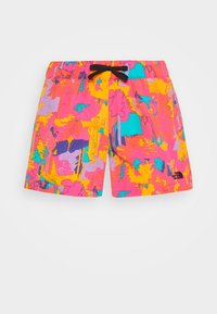 Costumi da bagno multicolori e vivaci con motivi astratti in rosa, arancione, giallo e blu, dotati di un cordino nero e un piccolo logo del marchio nero sulla gamba.