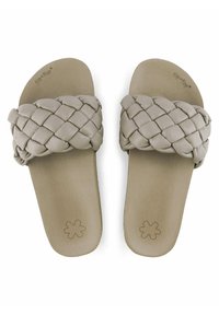 Braided strap flip-flop sandals in light beige with a smooth, matte sole. Features textured strap and subtle logo detail on the footbed.