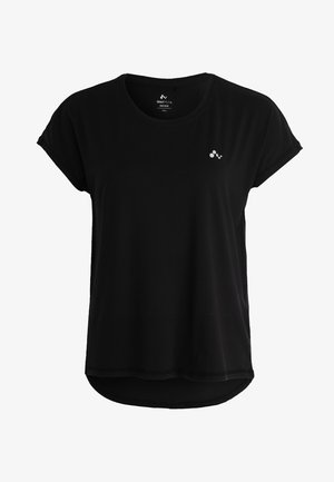 Musta lühikeste varukatega t-särk pehmest kangast, millel on kaarjas ääreline ja väike logo rinnal. Lihtne ja minimalistlik disain.