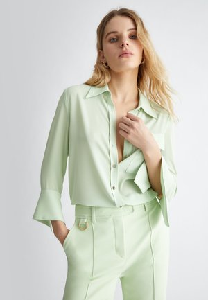 Blusa verde chiaro in tessuto morbido con chiusura a bottoni frontale, colletto a punta e maniche svasate. Abbinata a pantaloni coordinati con accessori dorati.
