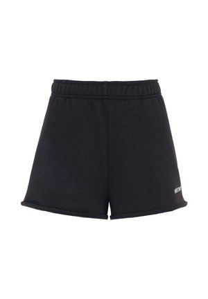 Zwarte shorts met elastische taille, een losse pasvorm en onafgewerkte zoom, met een klein wit logo op het lagere linkerbeen.