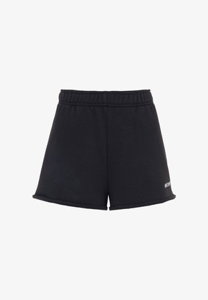 Zwarte shorts met elastische taille, een losse pasvorm en onafgewerkte zoom, met een klein wit logo op het lagere linkerbeen.
