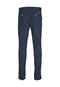 Pantaloni blu navy realizzati in tessuto leggero, con una vestibilità slim, risvolti, due tasche posteriori e un'etichetta in pelle.