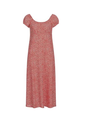 Czerwona sukienka midi z krótkimi bufiastymi rękawami i okrągłym dekoltem, pokryta małym białym kwiatowym wzorem na czerwonym tle.