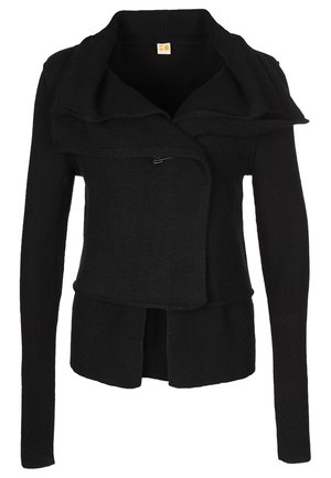 Cardigan en maille noire à manches longues avec large col plié et fermeture asymétrique à l'avant révélant un ourlet superposé.