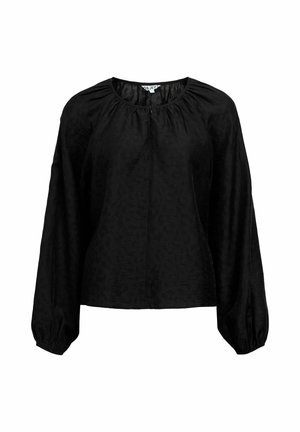 Črna bluzica z dolgimi, napihnjenimi rokavi in zbranim izrezom. Mehka, rahlo teksturirana tkanina s subtilnimi vzorčnimi podrobnostmi. Klasičen kroj.