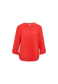 Rode blouse met lange mouwen, V-hals en opgerolde manchetten, met een gestructureerde stof en een licht gebogen zoom.