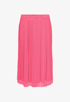 Plissé midi-rok in felroze, met een zachte elastische tailleband en vloeiende stof. Lichtgewicht met een gladde textuur.