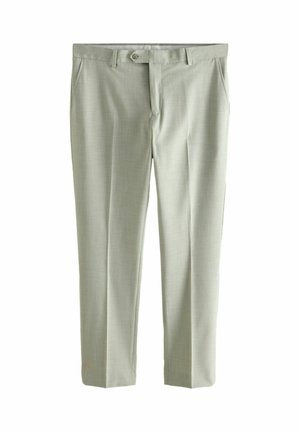 Hellgraue Herren-Anzughose mit Gürtelschlaufen, Knopfverschluss, Vordertaschen und Bügelfalten an den Beinen, flach auf weißem Hintergrund dargestellt.