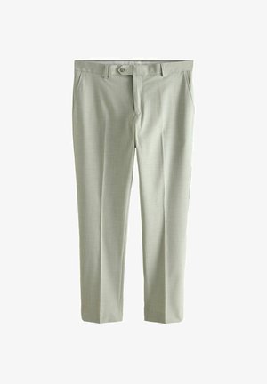 Hellgraue Herren-Anzughose mit Gürtelschlaufen, Knopfverschluss, Vordertaschen und Bügelfalten an den Beinen, flach auf weißem Hintergrund dargestellt.