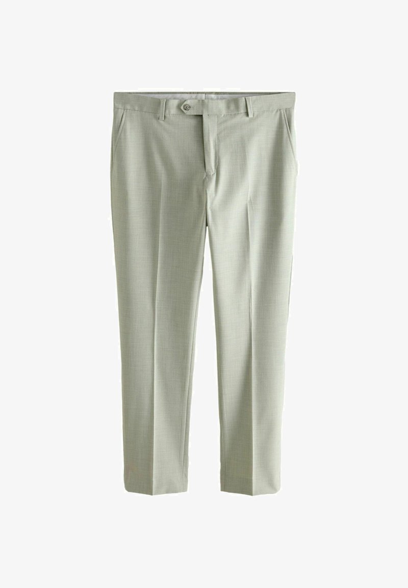 Jasnoszare eleganckie spodnie męskie z szlufkami na pasek, zapięciem na guziki, przednimi kieszeniami i szwami na nogawkach, przedstawione na białym tle.