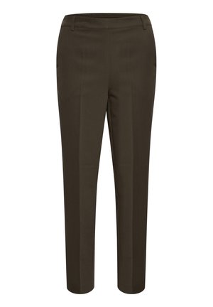 Donkergroene, op maat gemaakte broek met rechte pijpen, riemlussen en een vlakke voorkant, getoond tegen een witte achtergrond.