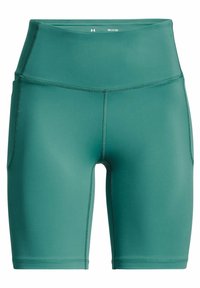 Pantalones cortos verdes de talle alto hechos de material que absorbe la humedad, con costuras planas, bolsillos laterales, textura suave y diseño ajustado.