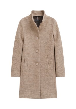 Beige Wollmischung Knielanger Mantel mit Stehkragen, drei vorderen Knöpfen und zwei vertikalen Einschubtaschen.
