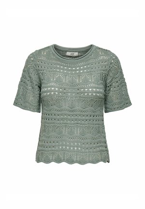 Lys grøn hækletrøje med korteærmer, rund halsudskæring og scallop-kant. Har intrikate mønstre og et åbent vævdesign.