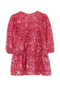 Abito rosa coperto di paillettes, con maniche lunghe a sbuffo, scollo rotondo e gonna a strati dal design strutturato.