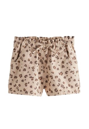 Shorts beige pour tout-petit avec imprimé léopard marron, taille élastique, poches avant et cordon de serrage noué au centre devant.